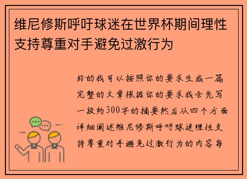 维尼修斯呼吁球迷在世界杯期间理性支持尊重对手避免过激行为